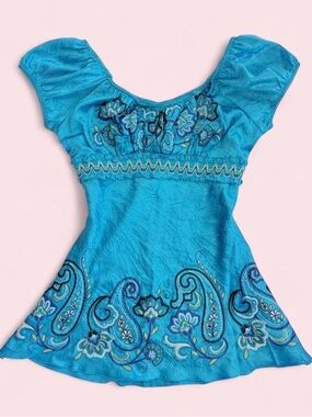Vintage 2000s Heart Soul Blue Satin Paisley Floral Babydoll